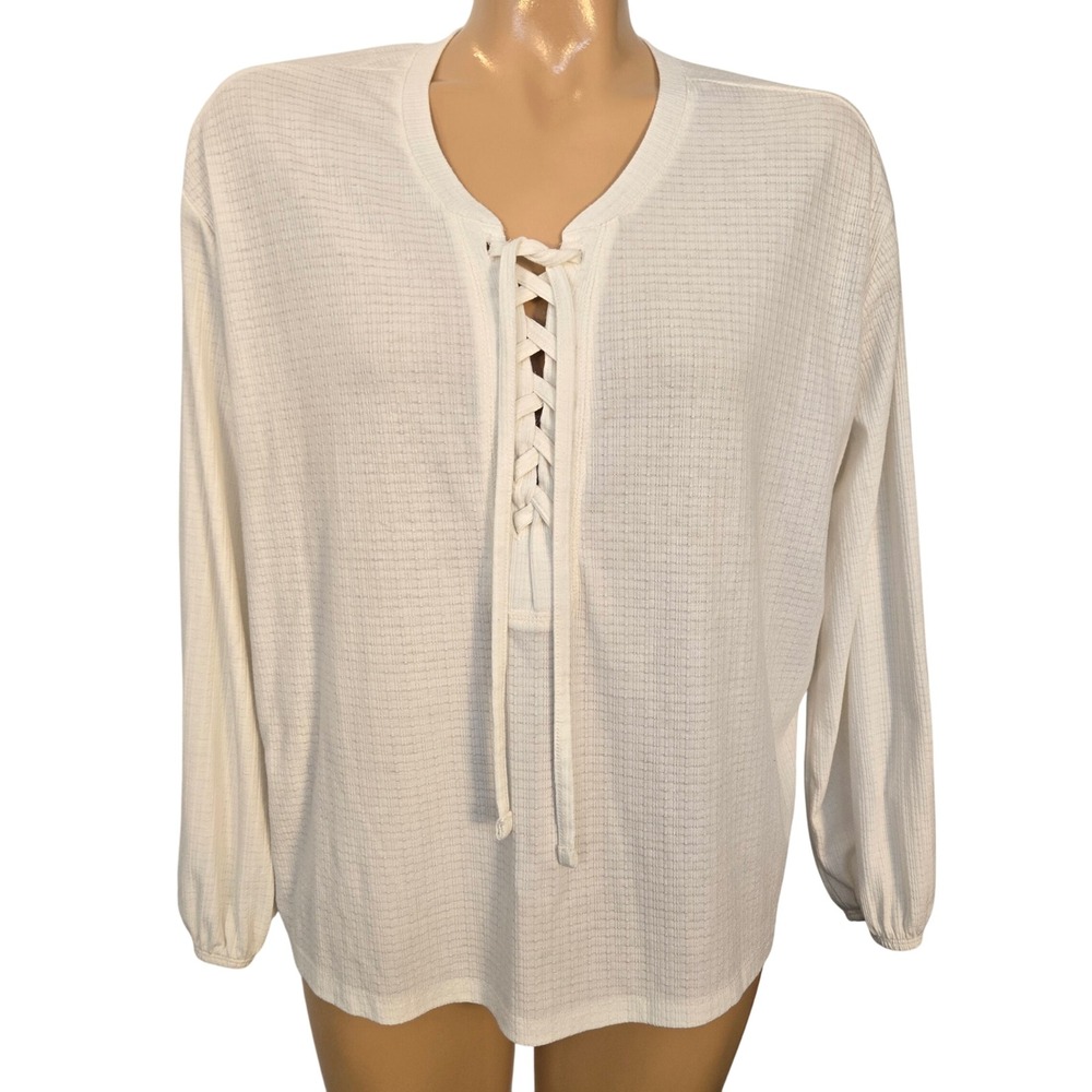 Torrid Waffle Knit Lace-Up Long Sleeve Elastic Top, Cream Plus Size 00 Blouse